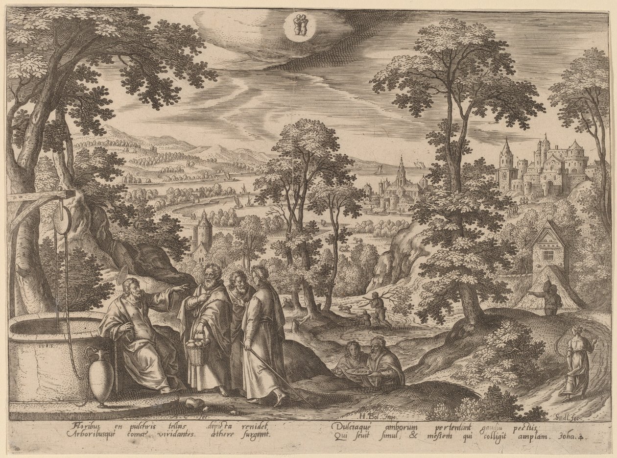 Kristus og kvinnen i Samaria av Adriaen Collaert after Hans Bol