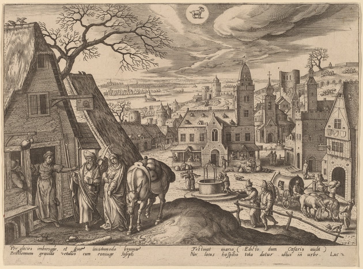 Jomfruen og Josef på vertshuset av Adriaen Collaert after Hans Bol