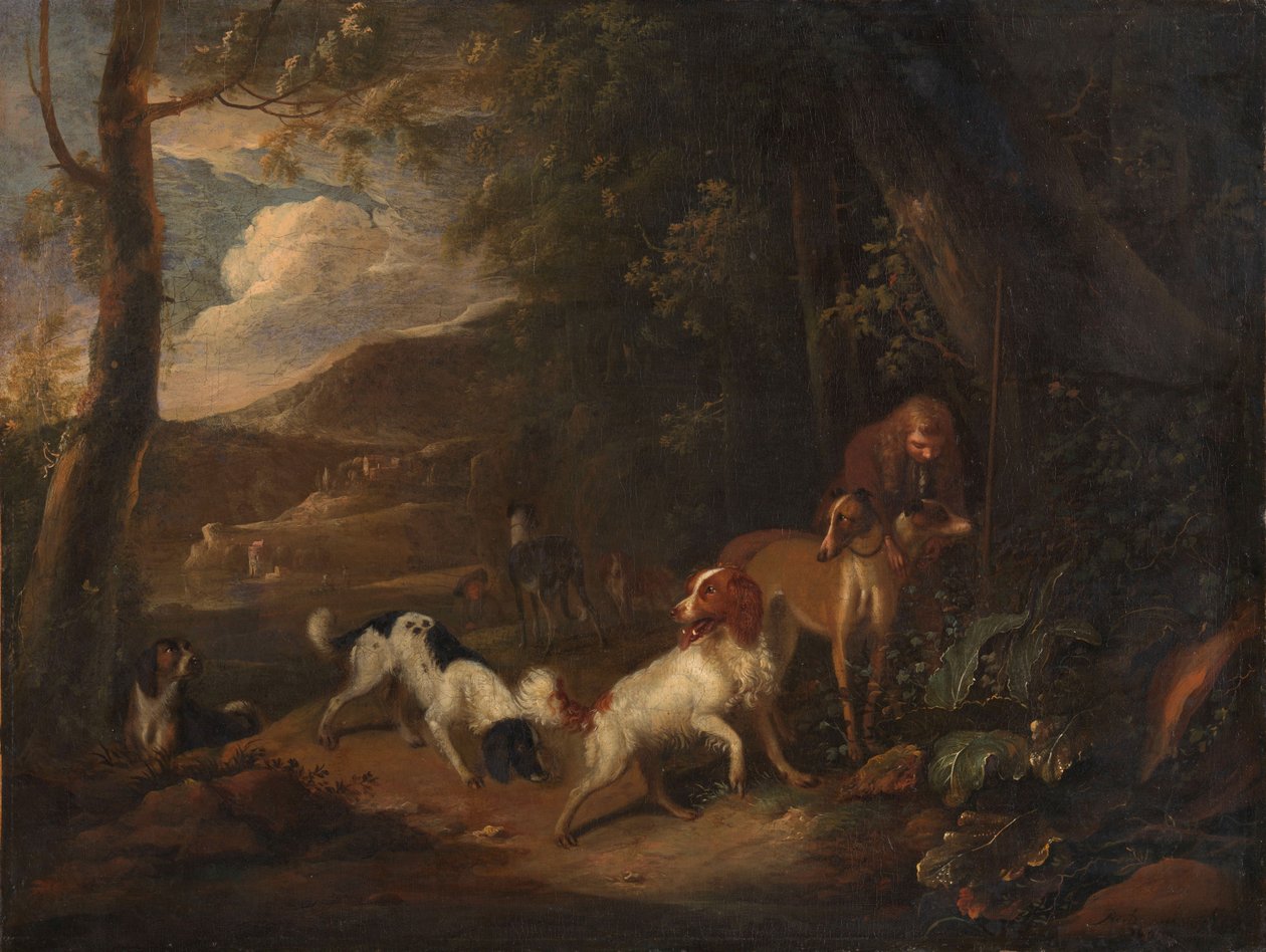 Jeger med hunder i skogkanten av Adriaen Cornelisz Beeldemaker