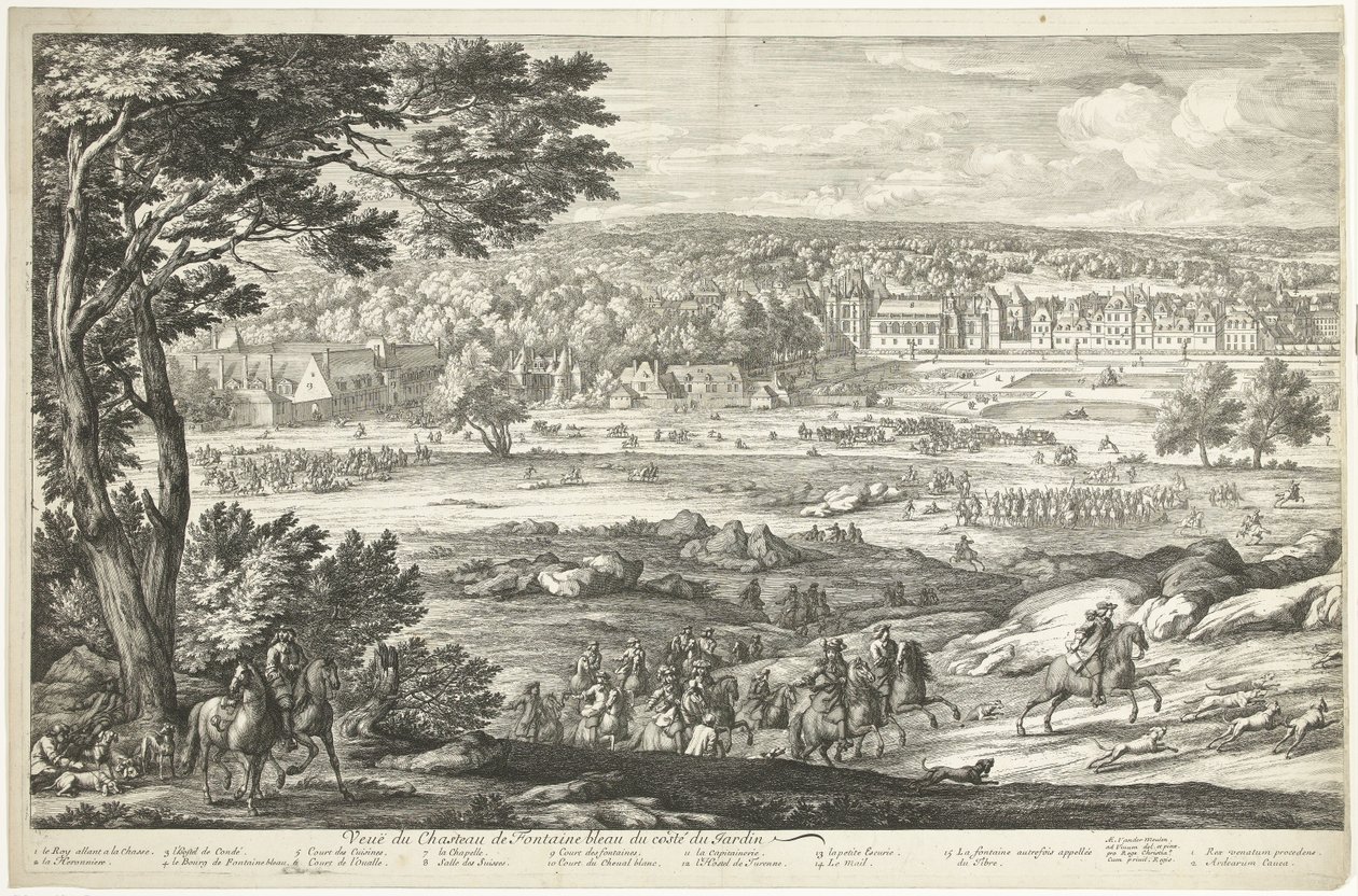 Utsikt over slottet Fontainebleau (lenkeside) Veuë du Chasteau de Fontainebleau du costé du Jardin (tittel på objekt) av Adriaen Frans Boudewyns
