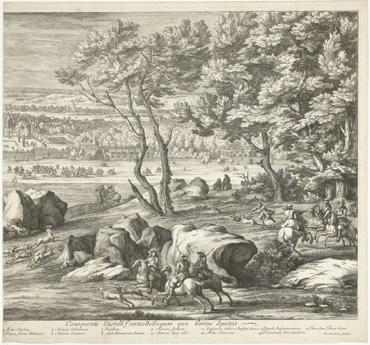 Utsikt over slottet Fontainebleau (høyre side) Veuë du Chasteau de Fontainebleau du costé du Jardin (tittel på objekt) av Adriaen Frans Boudewyns