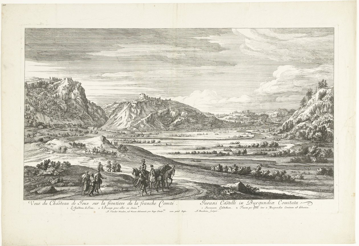 Utsikt over slottet Joux Veuë du Chasteau de Joux sur la frontiere de la franche Comté (tittel på objekt) av Adriaen Frans Boudewyns