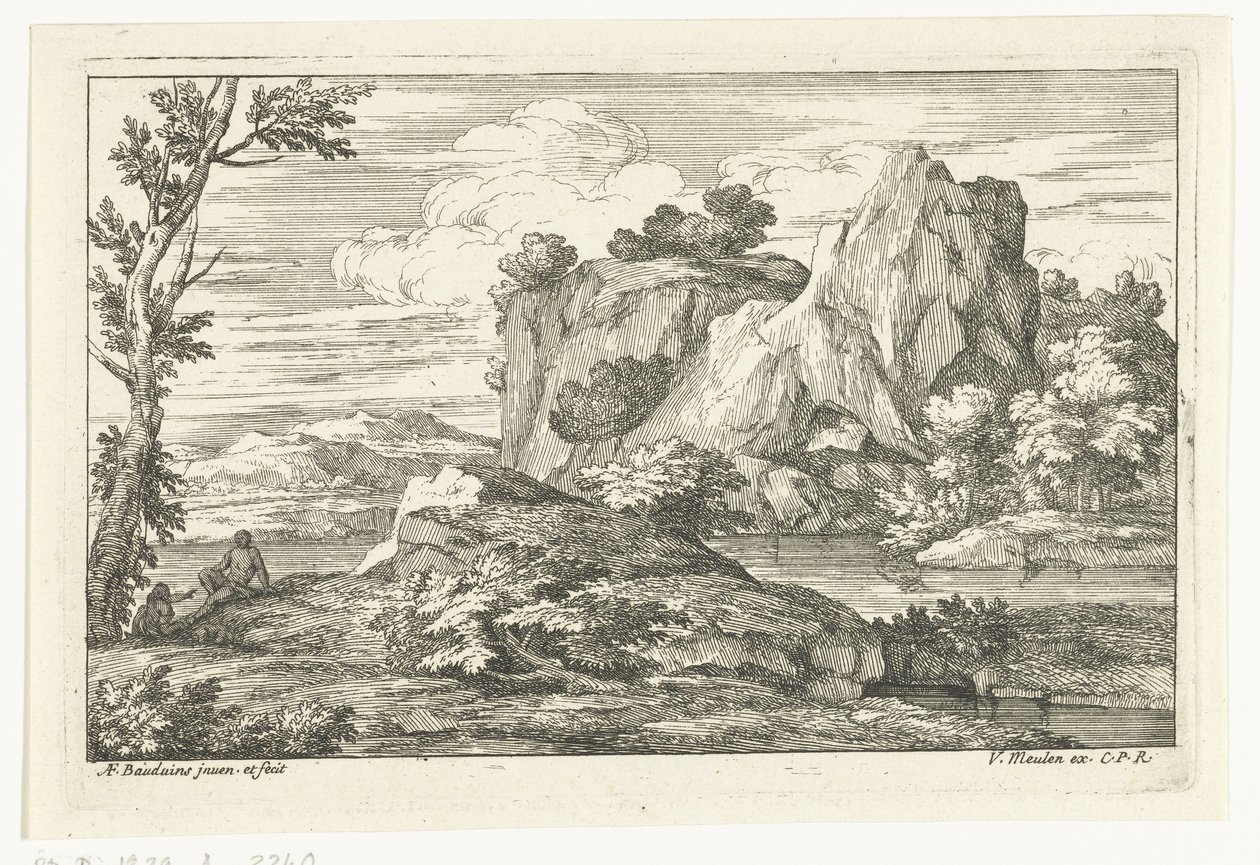 Landskap med en stor stein ved en elv av Adriaen Frans Boudewyns