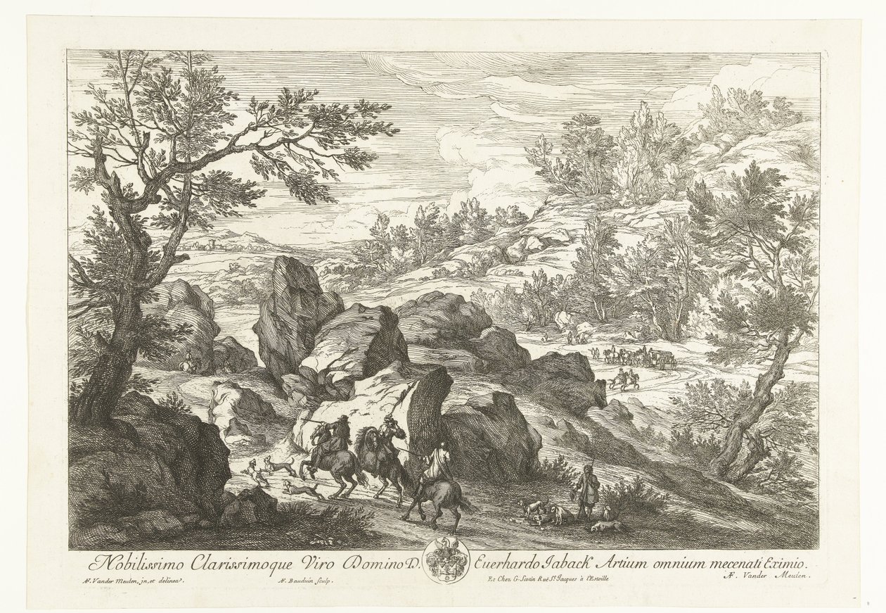 Landskap med ryttere ved en steinete fremspring Landskap med jegere (serietittel) av Adriaen Frans Boudewyns