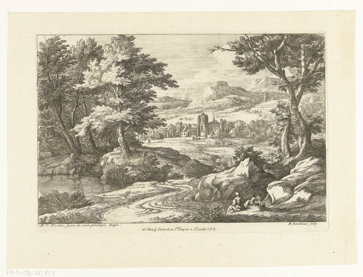 Landskap med to figurer langs en vei, en kirke i det fjerne av Adriaen Frans Boudewyns
