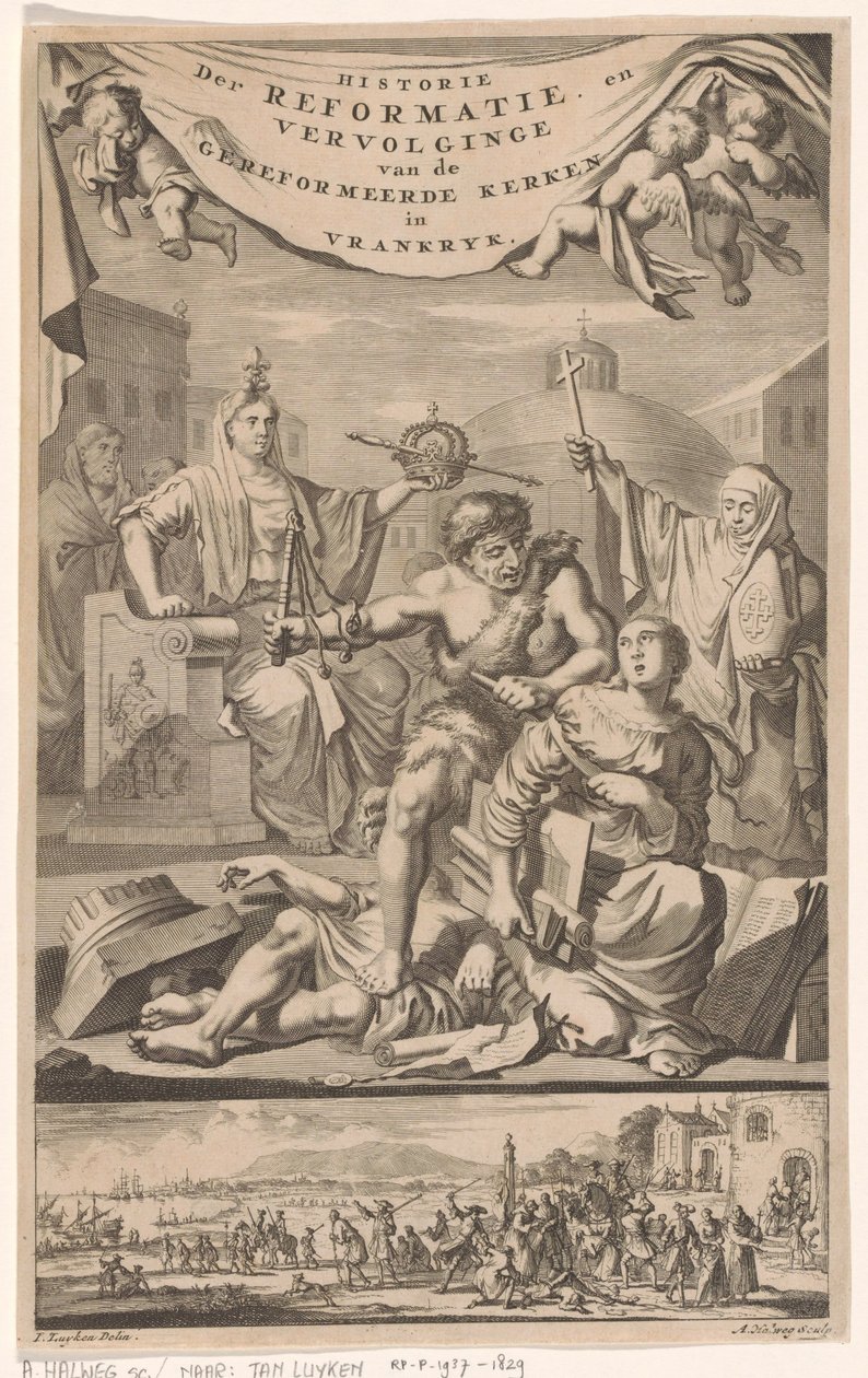 Fransk reformert kirke angrepet av mann med svøpe Tittelside for: E. Benoist, History of the Reformed Churches of Vrankrijk, 1696 av Adriaen Haelwegh