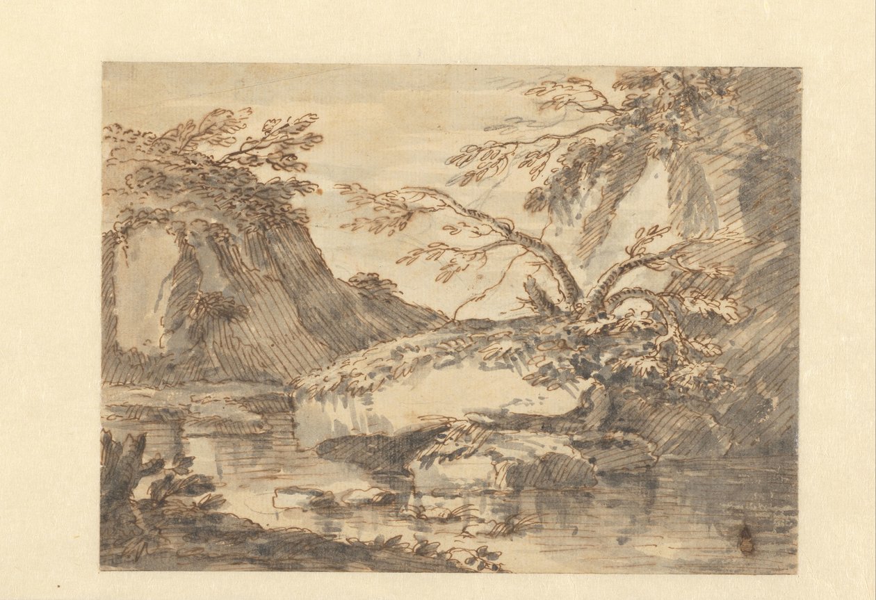 Landskap med store steinblokker i vann av Adriaen Honich (attributed to)