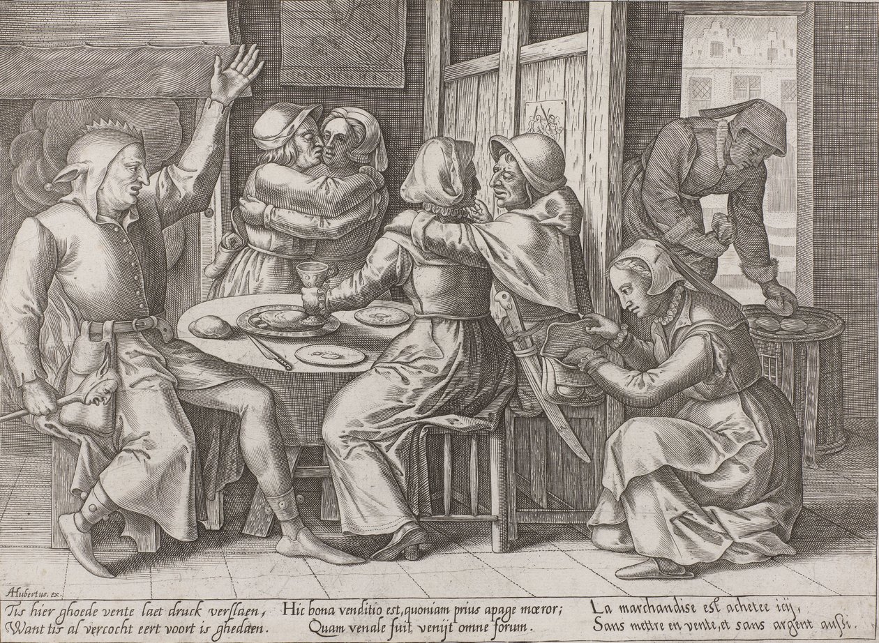 Drikkeselskap med en narr av Adriaen Huybrechts (I)