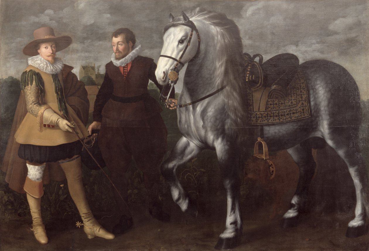 Portrett av en gentleman med sin hest og brudgom, 1624 av Adriaen I van Nieulandt