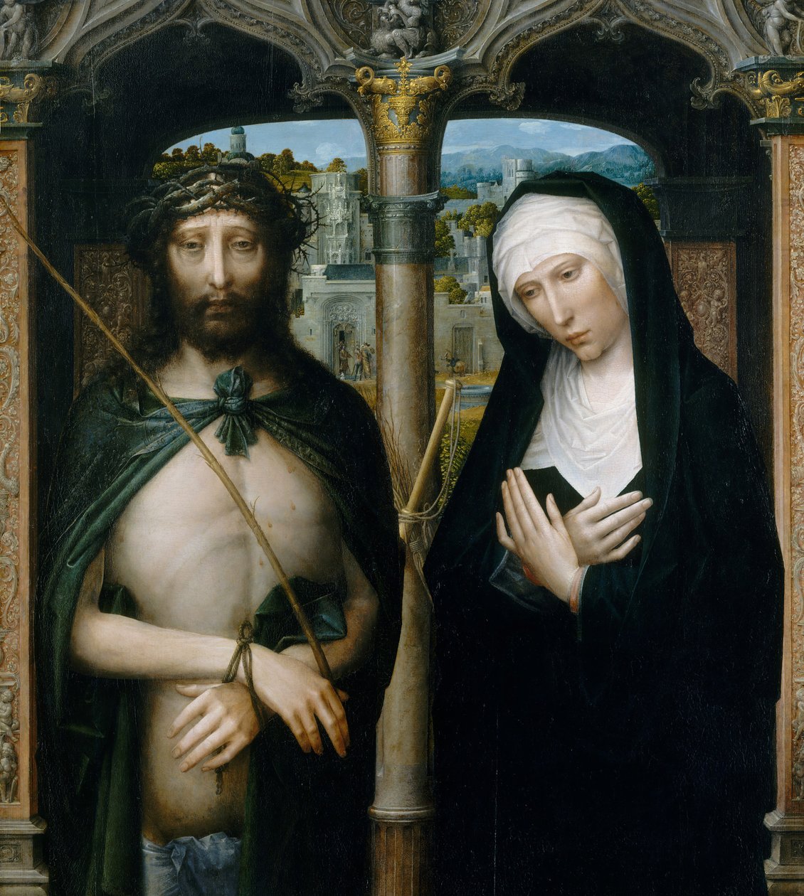 Kristus kronet med torner Ecce Homo, og den sørgende jomfru, ca. 1530-40. av Adriaen Isenbrandt