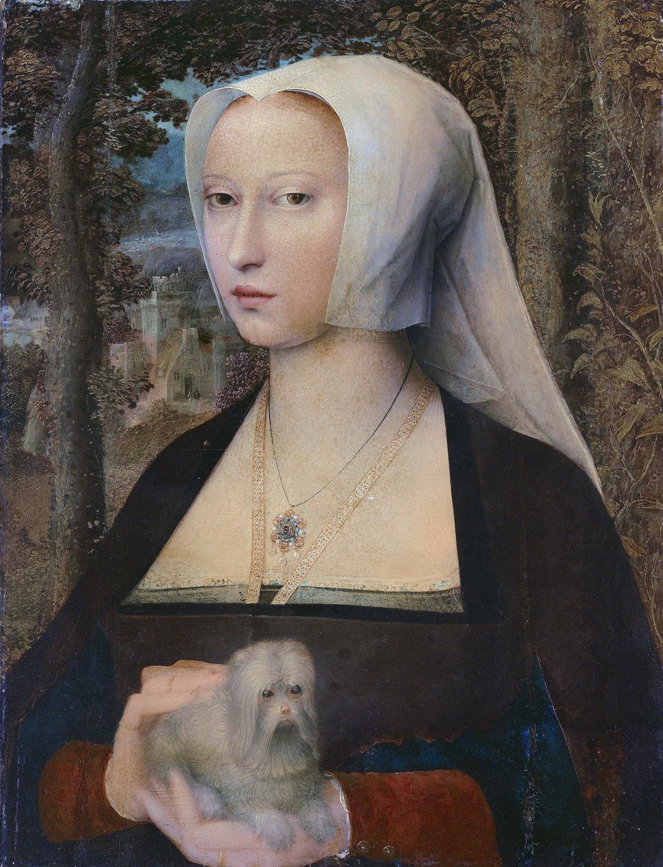 Portrett av en dame, halvkropp, med en hund av Adriaen Isenbrandt