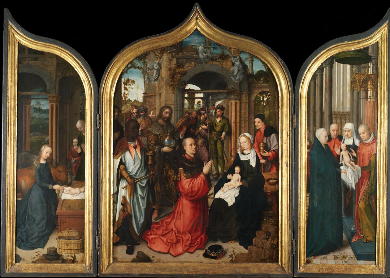 Fødselen, tilbedelsen av magiene, presentasjonen i tempelet, 1510-12. av Adriaen Isenbrandt