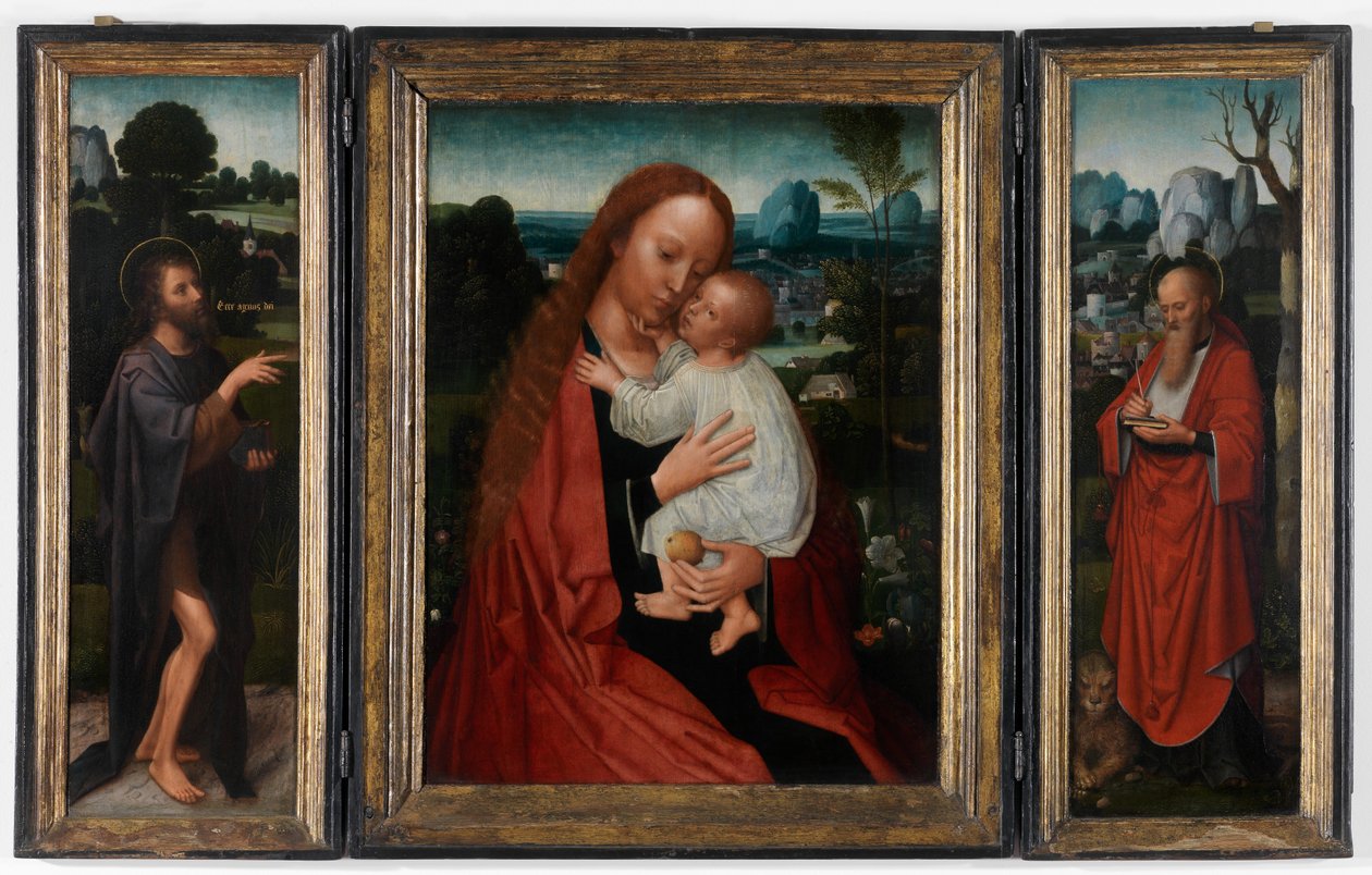 Madonna med døperen Johannes og den hellige Hieronymus (olje på panel) av Adriaen Isenbrandt or Isenbrant