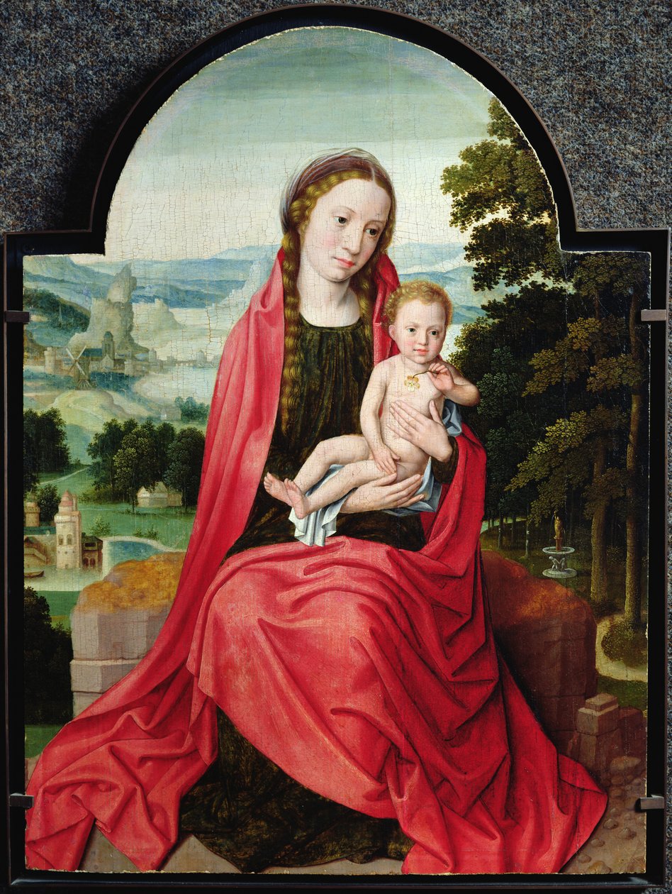 Jomfru med spedbarnet Kristus som holder en stemorsblomst av Adriaen Isenbrandt or Isenbrant