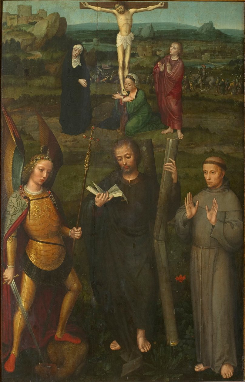 Korsfestelsen med de hellige erkeengelen Mikael, Andreas og Frans av Assisi, ca. 1510. av Adriaen Isenbrant