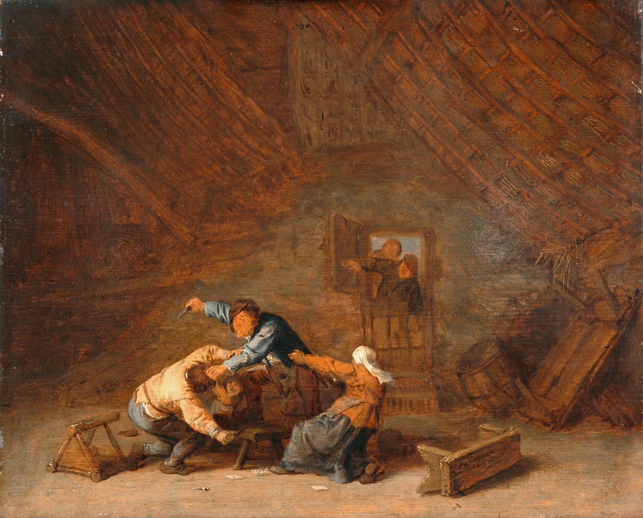 Interiør i en låve med to bønder som kjemper av Adriaen Jansz. van (attr. to) Ostade