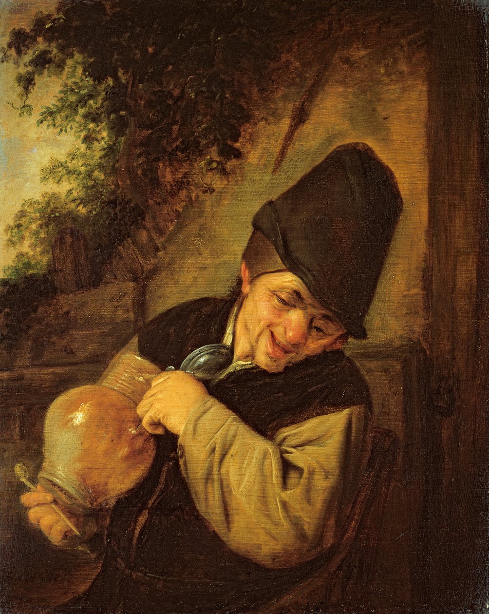 En bonde som holder en kanne og et rør, ca. 1650-55 (olje på eikepanel) av Adriaen Jansz. van Ostade