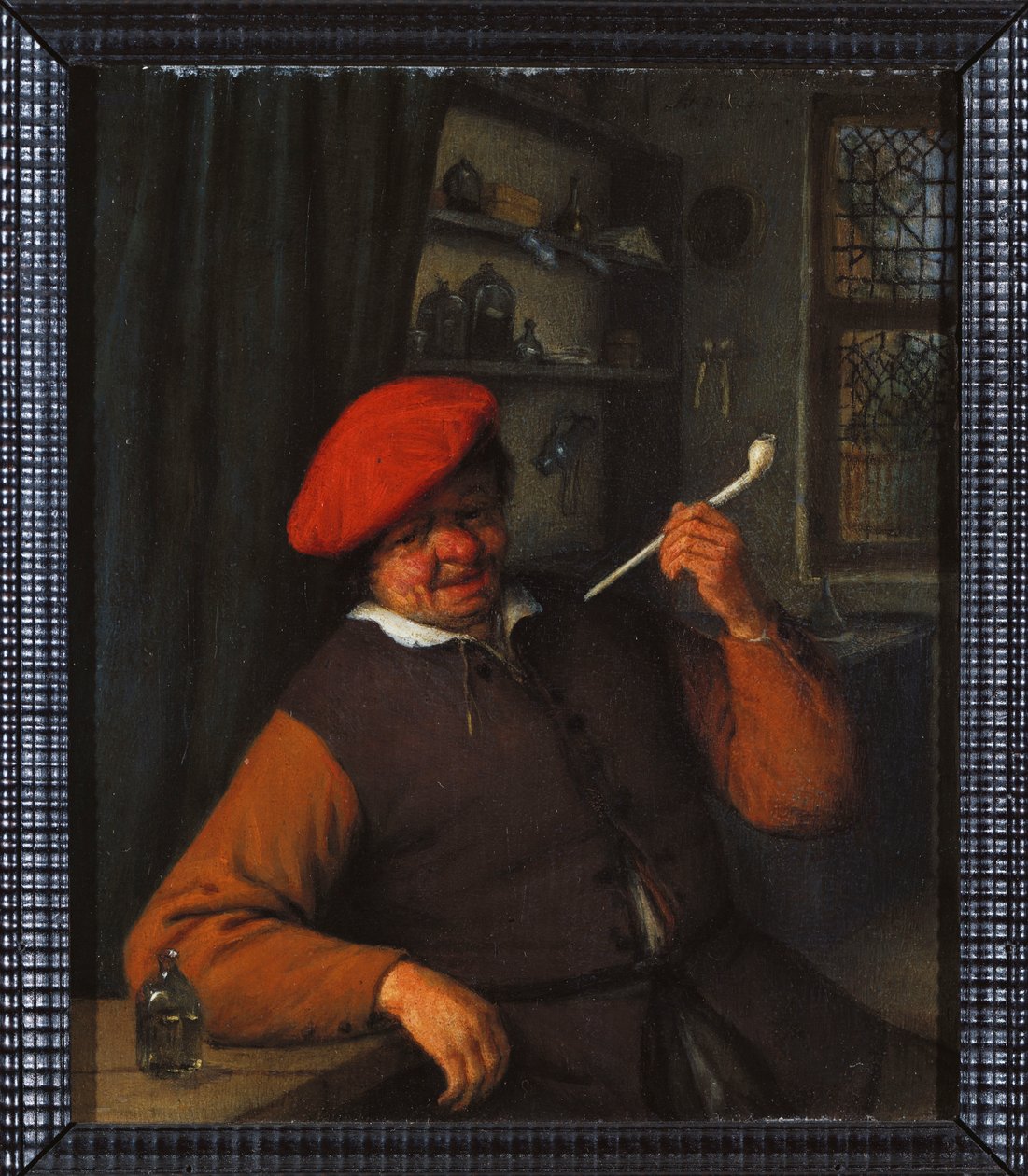 En bonde i en rød beret som røyker en pipe, i et interiør av Adriaen Jansz. van Ostade