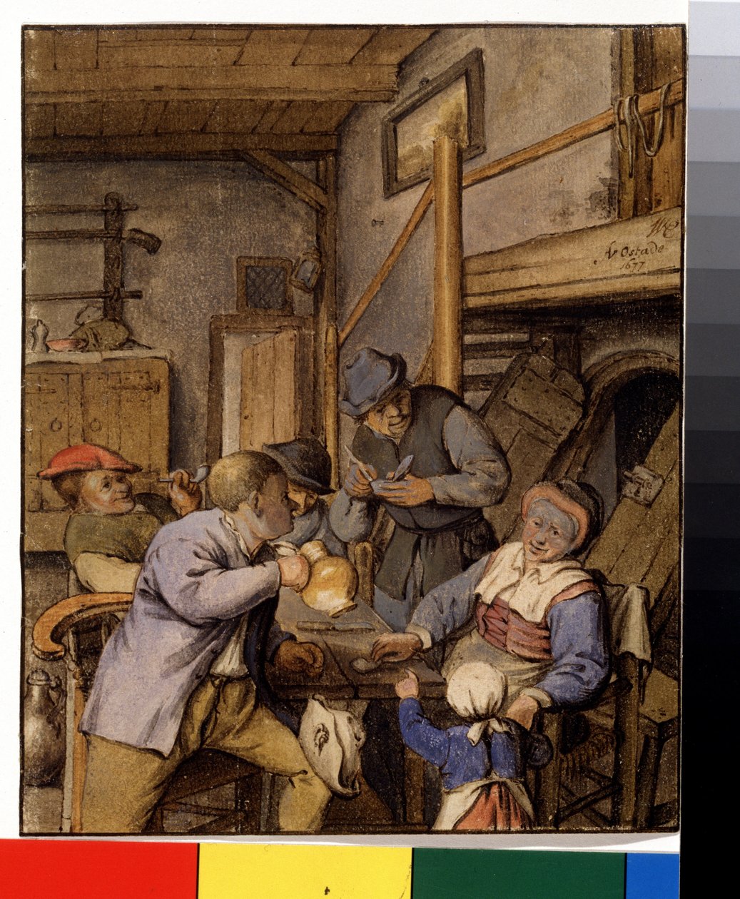 På vertshuset (I en taverna). Bønder som røyker og drikker ved bordet foran inngangen til en kjeller. Maleri av Adriaen Jansz Van Ostade (1610-1685), ca. 1667. Nederlandsk maleri. Blyant, pensel og akvarell på papir. Pushkin-museet, Moskva av Adriaen Jansz. van Ostade