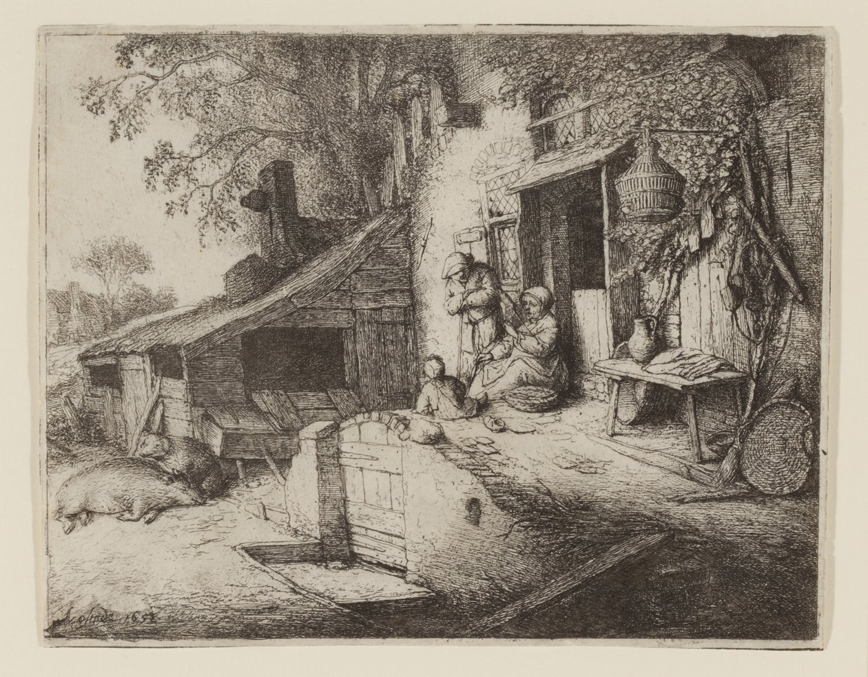 Ved hyttedøren - Spinneren av Adriaen Jansz. van Ostade