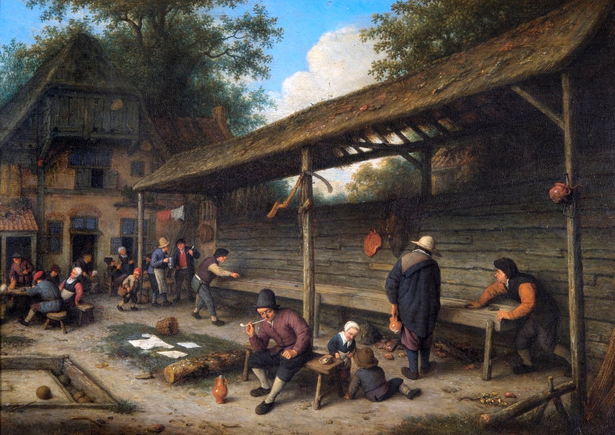 Gårdsplassen til et vertshus med et spill shuffleboard av Adriaen Jansz. van Ostade