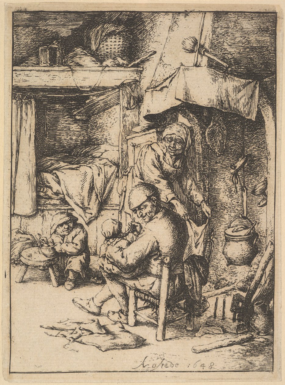 Far til familien som gir kjøttkraft til babyen sin, 1610-85. av Adriaen Jansz. van Ostade