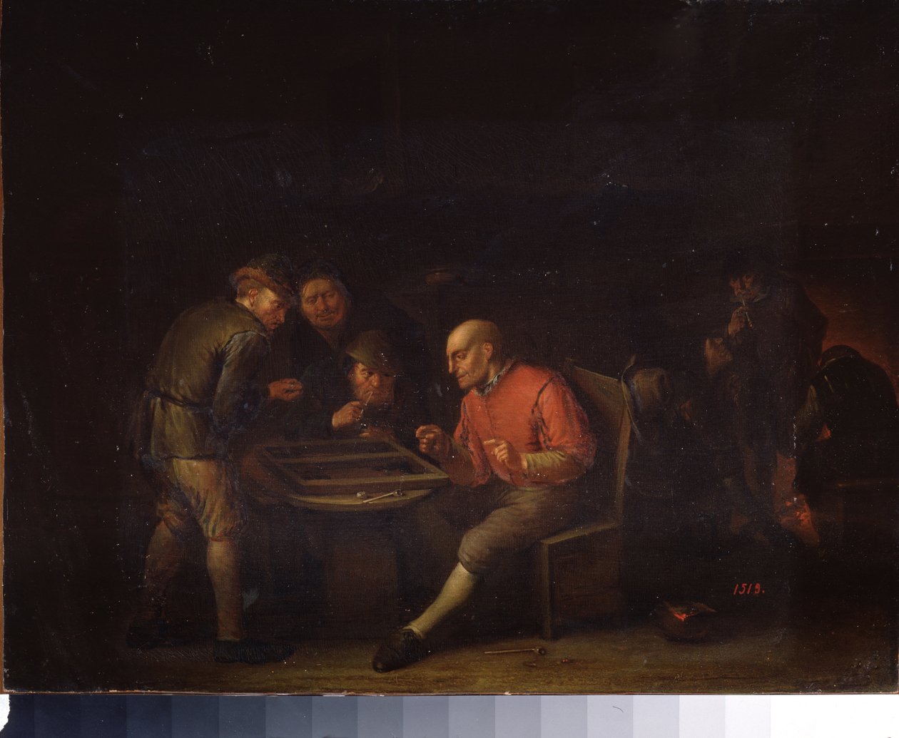 Fleminger som spiller terninger. (Fleminger spiller terninger). Maleri av Adriaen Jansz van Ostade (1610-1685). nederlandsk skole. Olje på lerret. Gatchina Palace Museum, St. Petersburg. av Adriaen Jansz. van Ostade