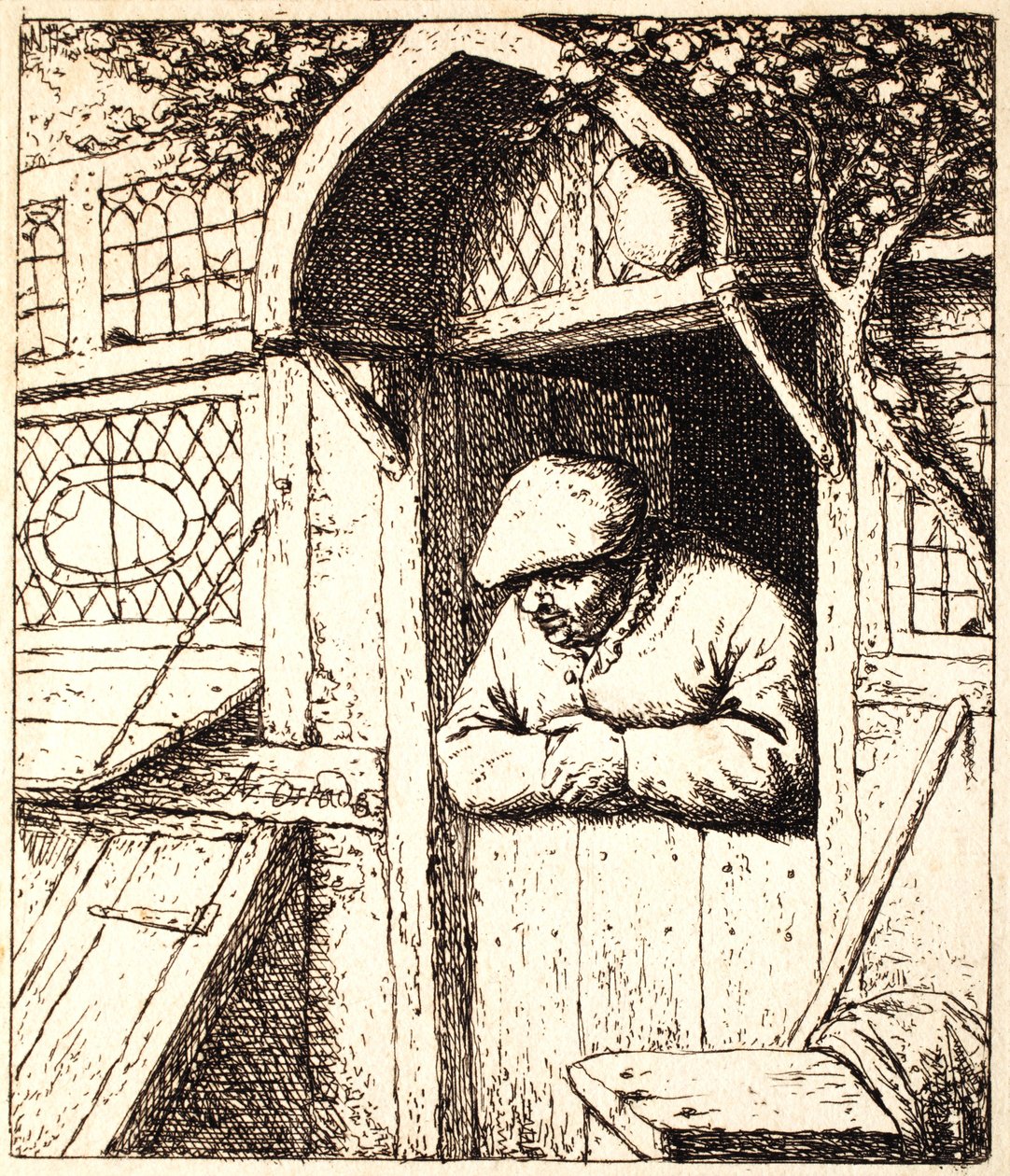 Mann som lener seg på døren sin, ca. 1672 (radering) av Adriaen Jansz. van Ostade