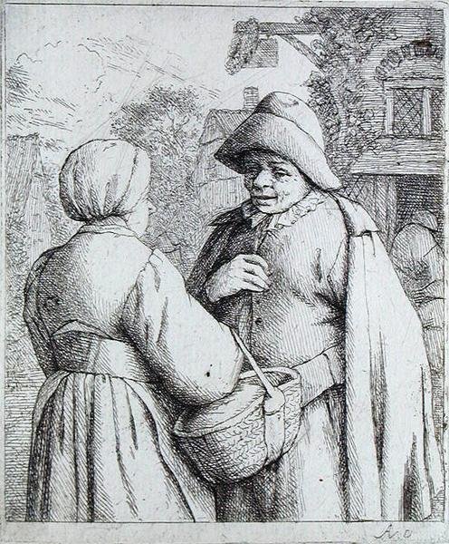 Mann og kvinne snakker (gravering) av Adriaen Jansz. van Ostade