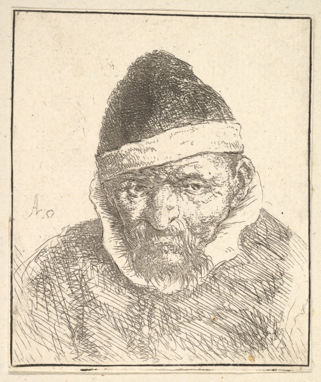 Gammel mann med hvit krage og spiss hatt, 1610-85. av Adriaen Jansz. van Ostade