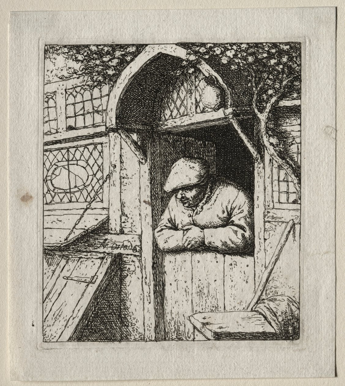 Bonde lener seg i døråpningen hans. av Adriaen Jansz. van Ostade