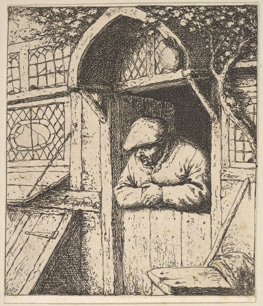 Bonde lener seg på dør, 1610-85. av Adriaen Jansz. van Ostade