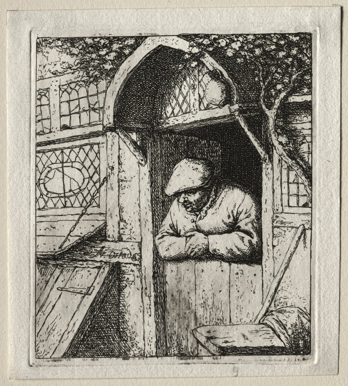 Bonde lener seg på døråpningen sin. av Adriaen Jansz. van Ostade