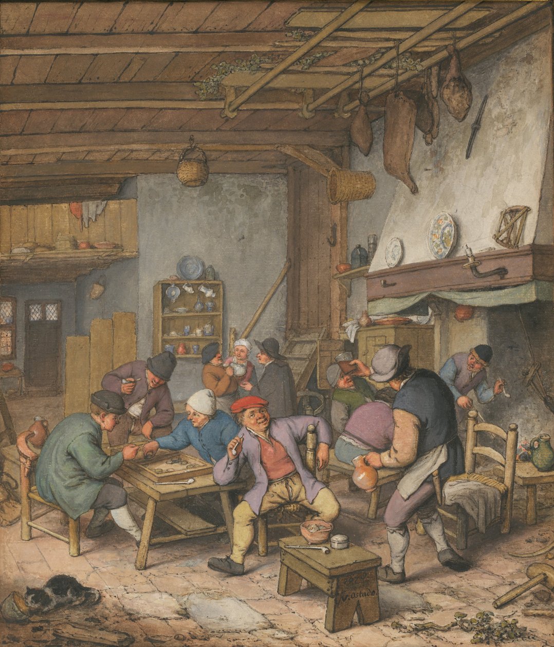 Rom i et vertshus med bønder som drikker, røyker og spiller backgam, 1678 av Adriaen Jansz. van Ostade