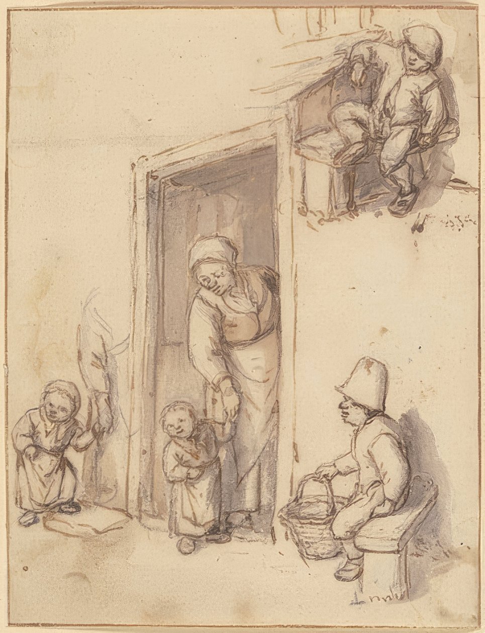 Studieark med en mor og hennes datter i inngangsdøren, to gutter sittende. 1660-tallet av Adriaen Jansz. van Ostade