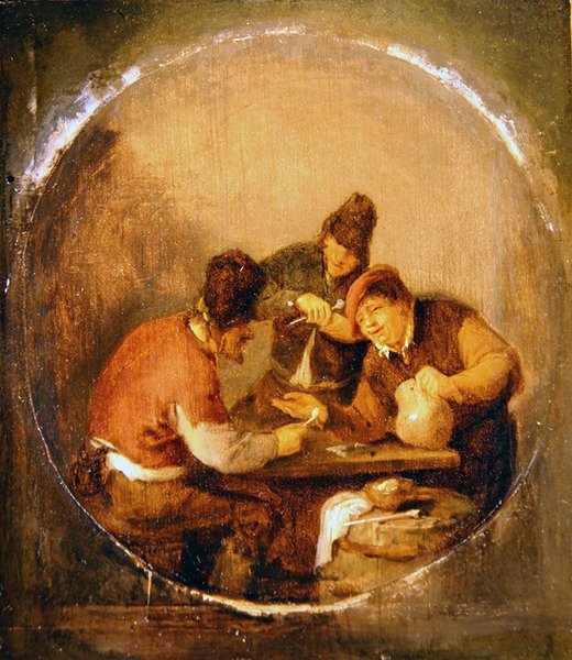 Three Boors drikker og røyker i en taverna (olje på panel) av Adriaen Jansz. van Ostade