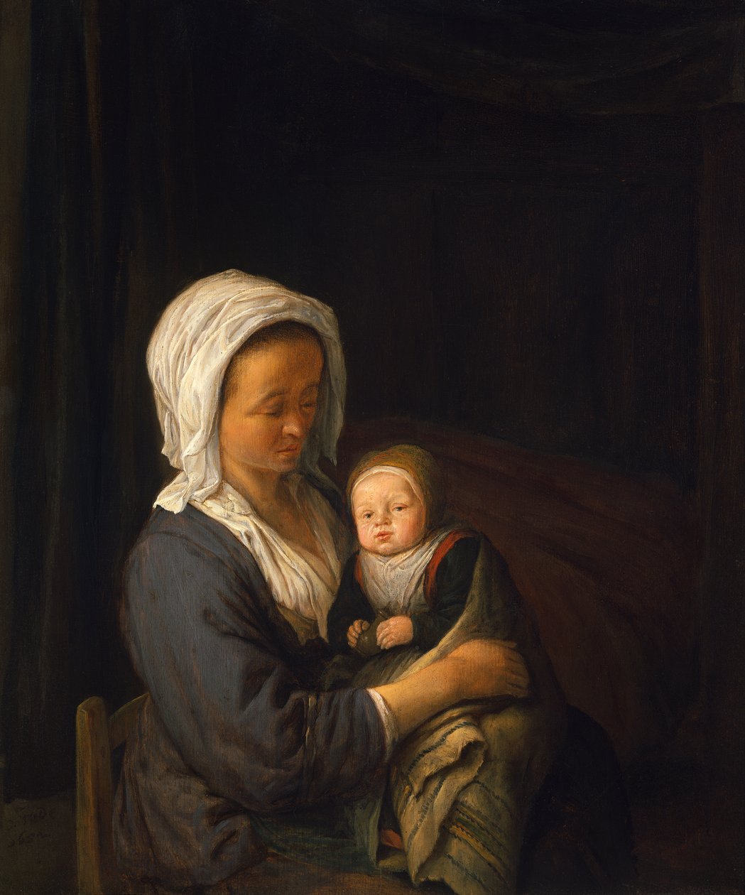 Kvinne som holder et barn i fanget av Adriaen Jansz. van Ostade