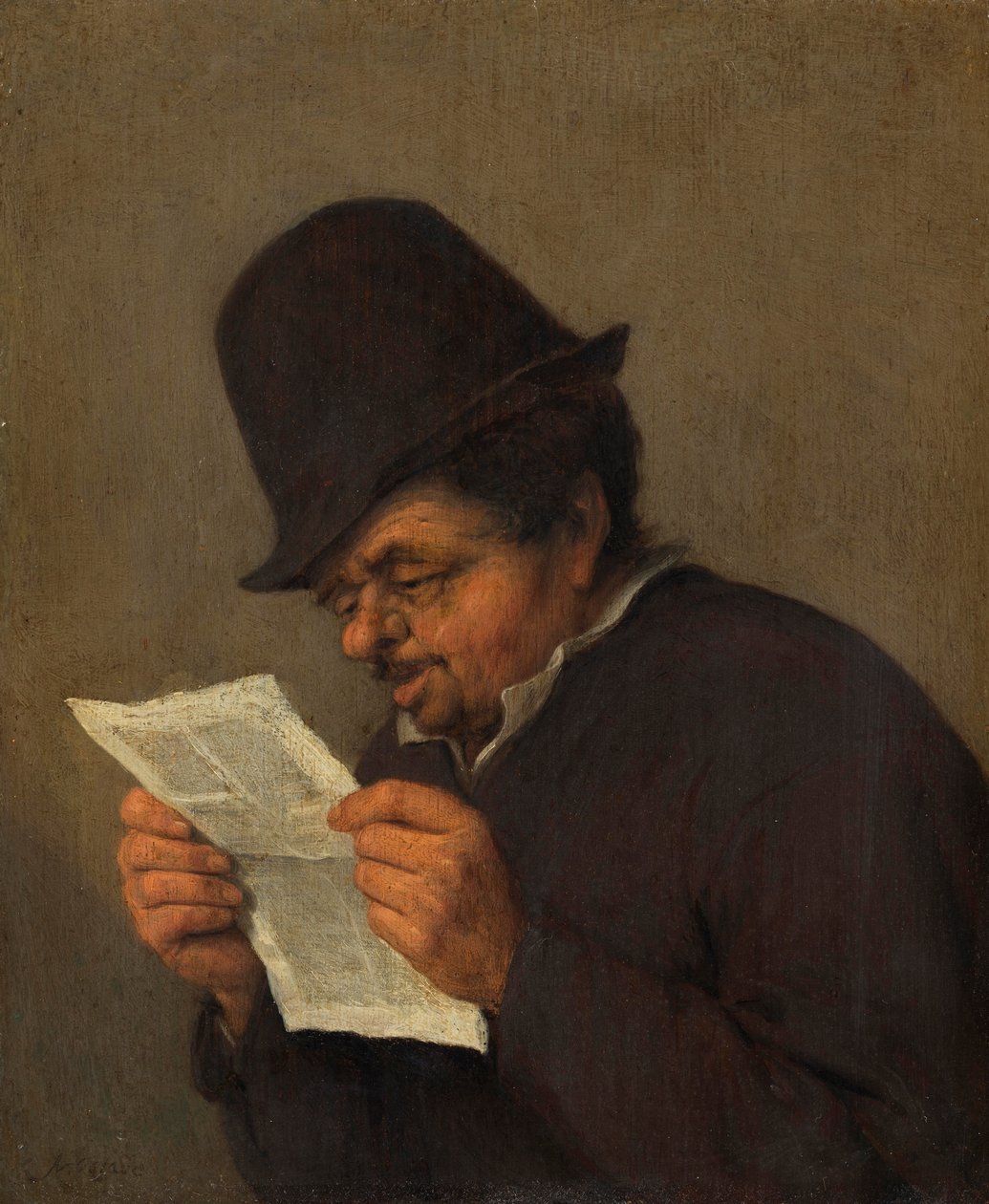 Gammel bonde leser et papir, ca. 1647 (olje på eik) av Adriaen Jansz. van school of Ostade