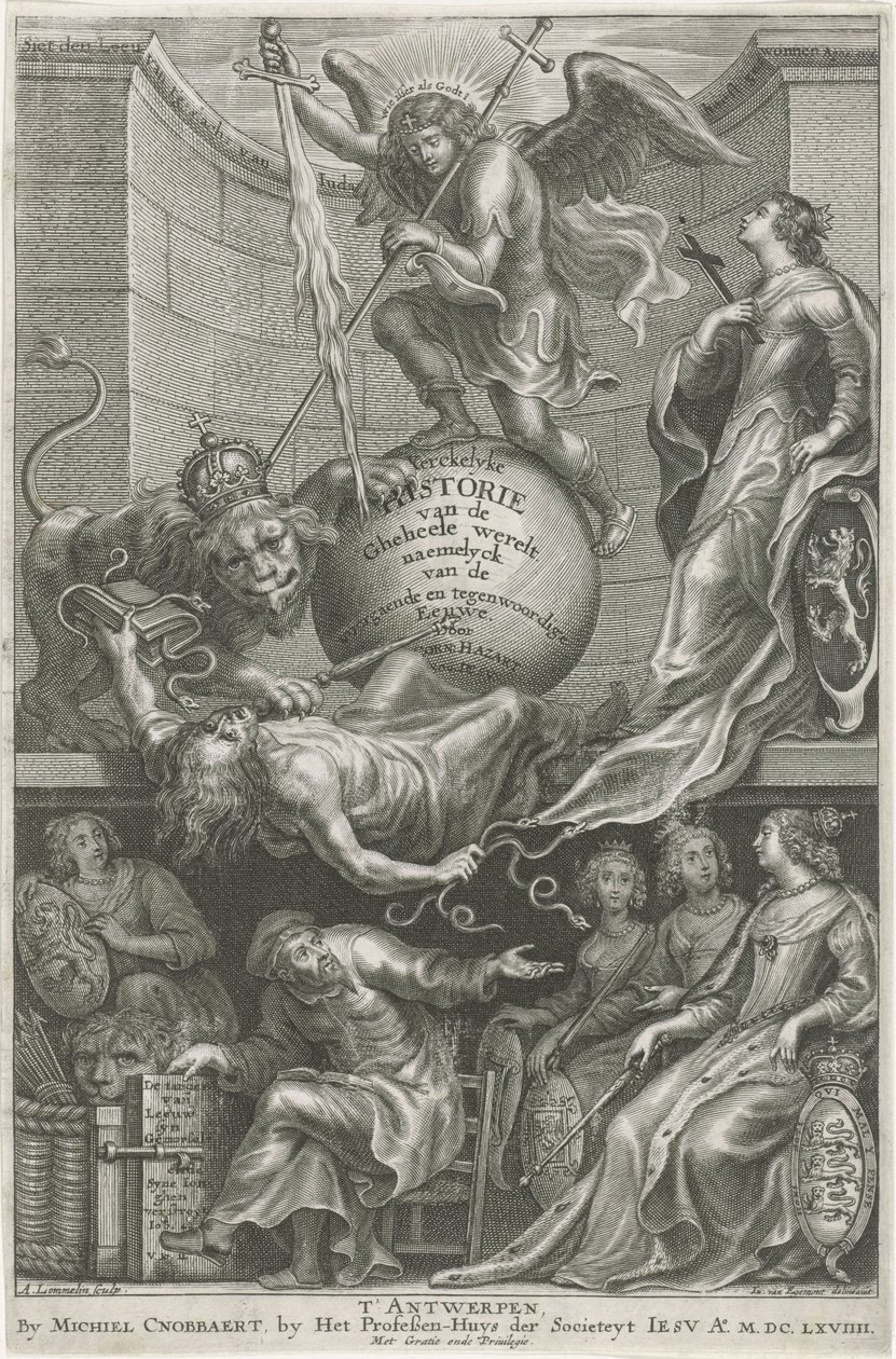 Allegorisk tittelside med den nedslåtte Envy Tittelside for: C. Hazart, Kerckelycke historie, 1669 av Adriaen Lommelin