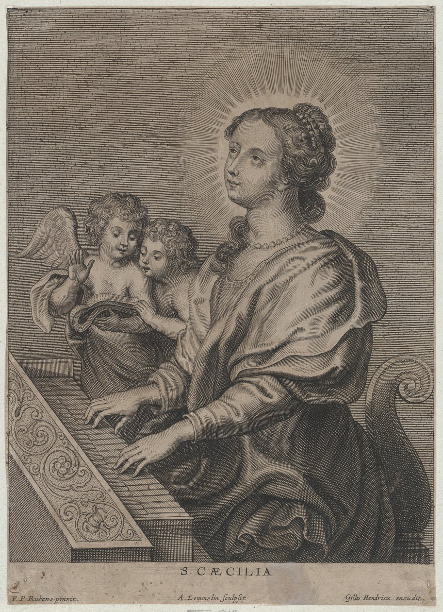 Saint Cecilia spiller orgel med to putti til venstre, ca. 1654-77. av Adriaen Lommelin