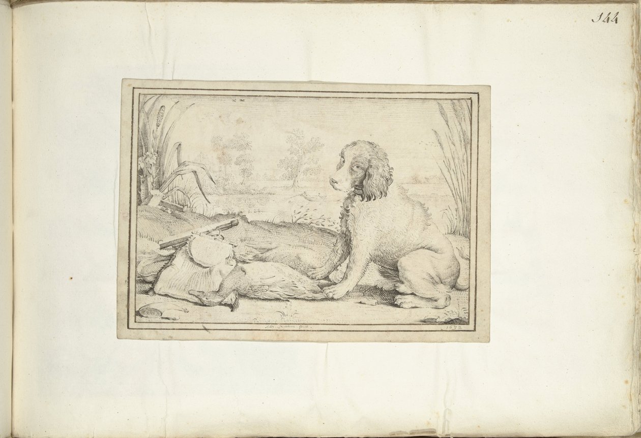 Hund ved siden av jaktutstyr og bytte i landskap av Adriaen Matham (signed by artist)