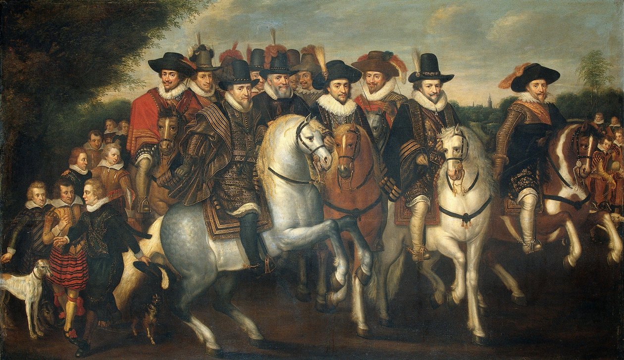 Prins Maurice akkompagnert av sine to brødre, Frederick V, kurfyrst Palatine og grevene av Nassau til hest av Adriaen Pietersz van de Venne (follower of)