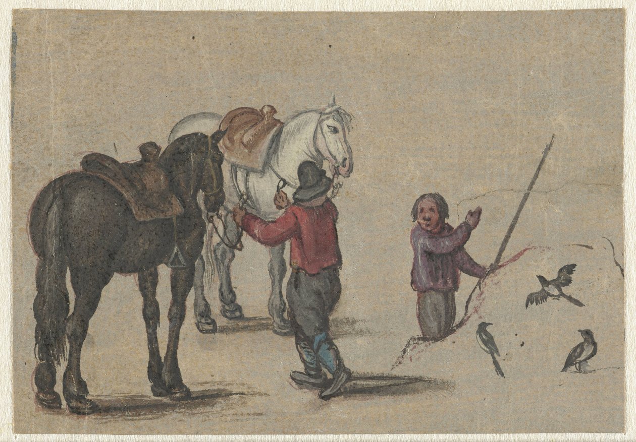 Mann som holder to hester og en mann med fugler av Adriaen Pietersz van de Venne (possibly)