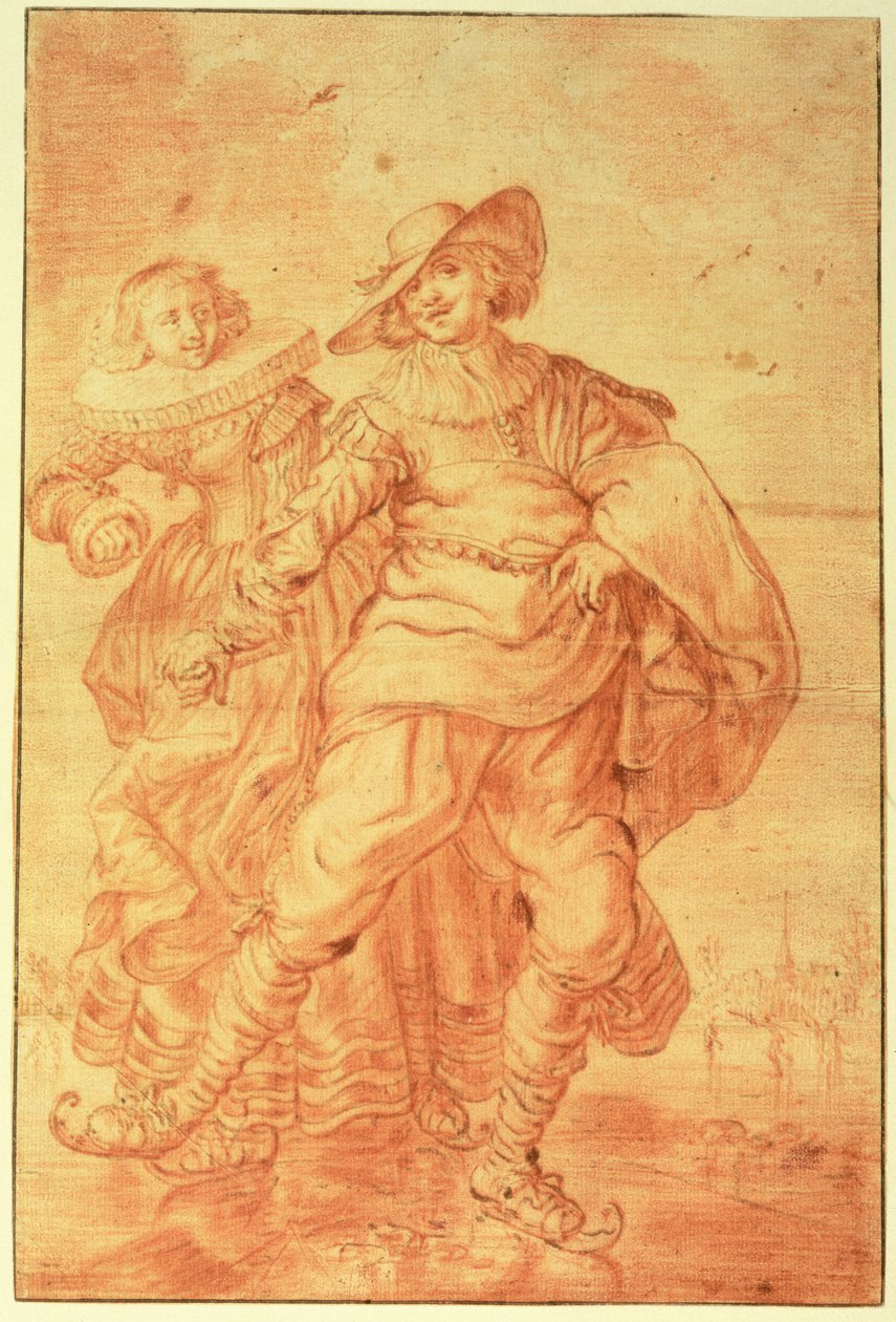 A Lady and Gentleman Skating on Ice, ca. 1625 (rødt kritt på papir) av Adriaen Pietersz van de Venne