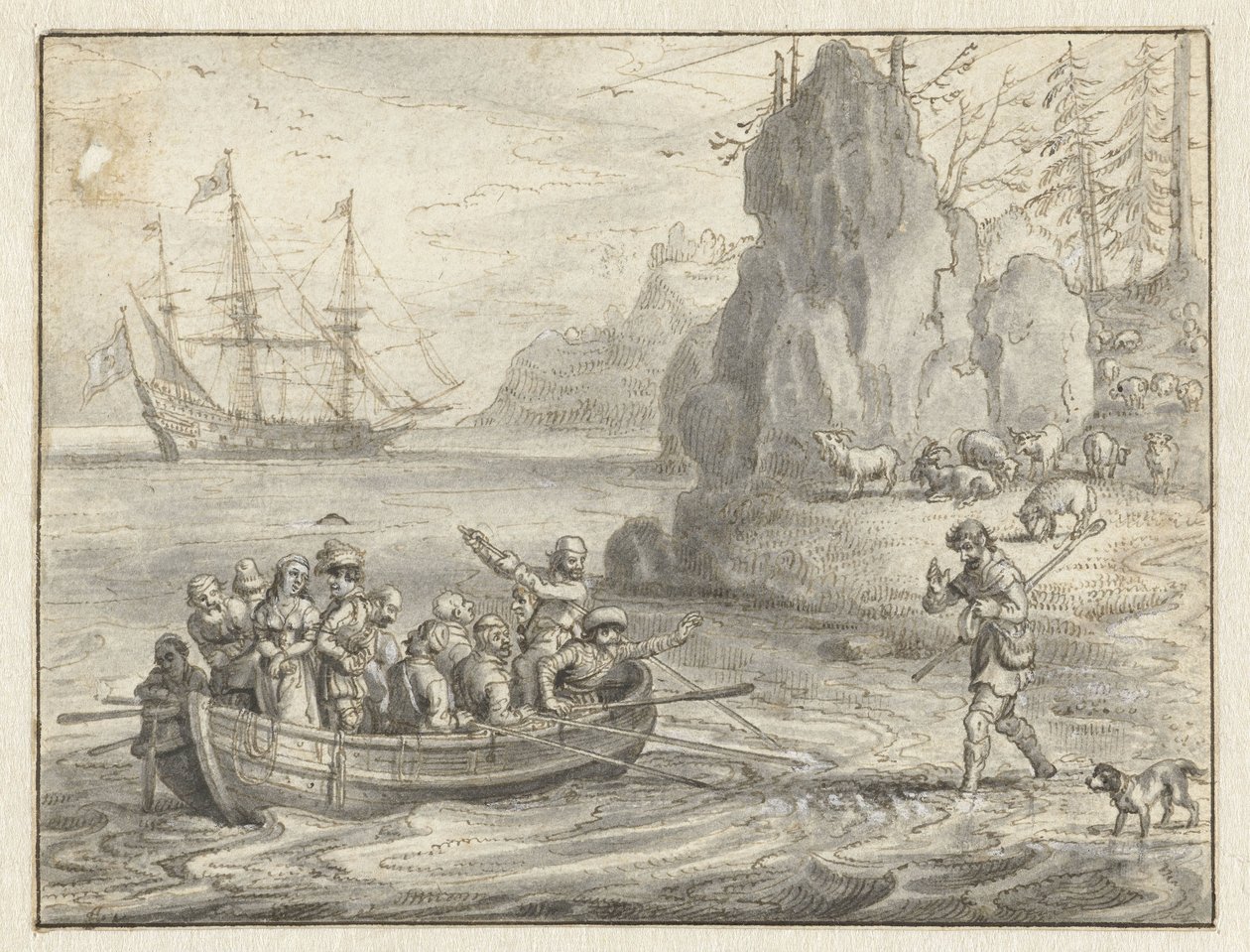 Celadon ber pirater om å ta ham sammen med sin bortførte kone, Galatea av Adriaen Pietersz van de Venne