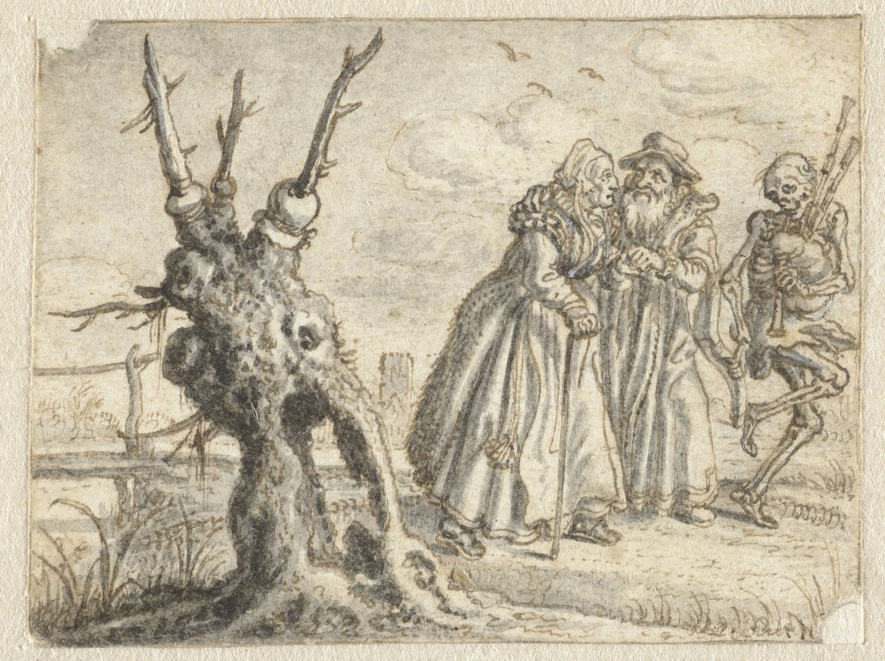 Eldre mann og kvinne følger villig døden og spiller sekkepipe av Adriaen Pietersz van de Venne