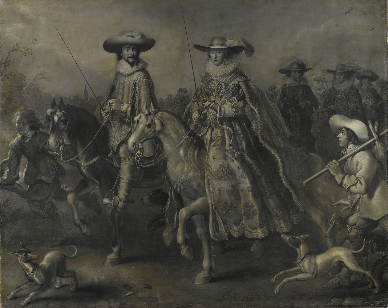 Friedrich V (1596-1632), kurfyrst av Pfalz, konge av Böhmen, og hans kone Elizabeth Stuart (1596-1662) til hest av Adriaen Pietersz van de Venne