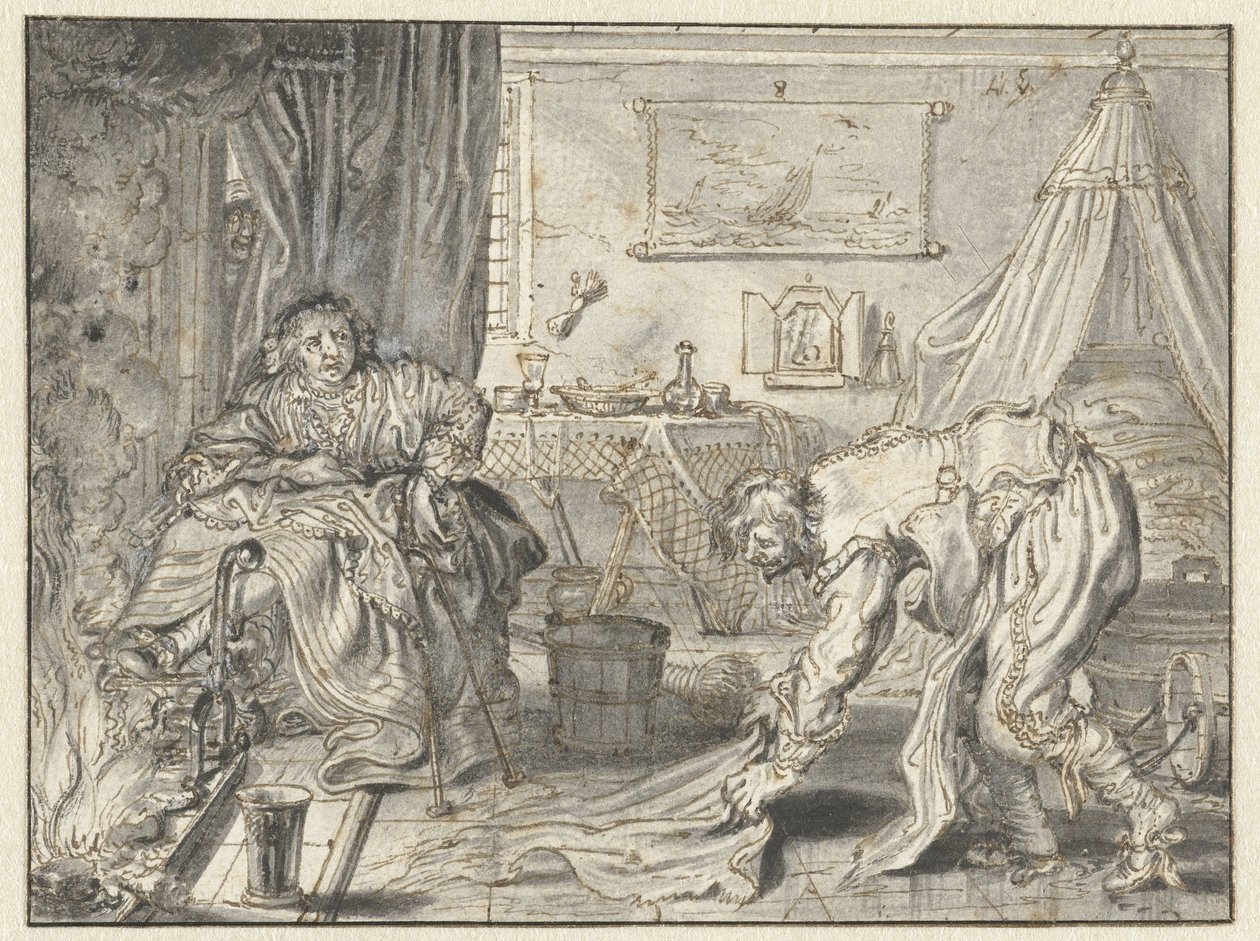 Mann som vasker gulvet mens hans kone sitter ved ildstedet av Adriaen Pietersz van de Venne