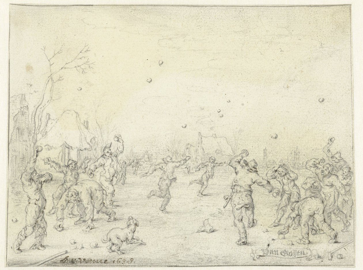 Menn og gutter som kaster snøballer av Adriaen Pietersz van de Venne