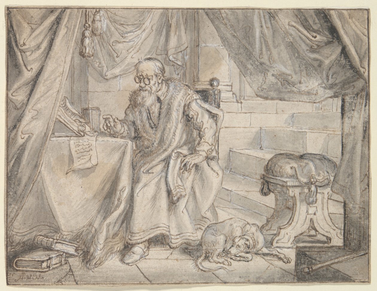 Studie til «Mannen med briller snakker» av Adriaen Pietersz van de Venne